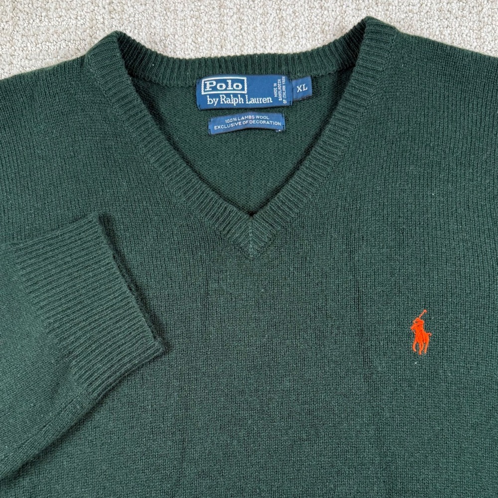 Polo Ralph Lauren Mens XL Green Lambswool V-Neck Knit Pullover Sweater